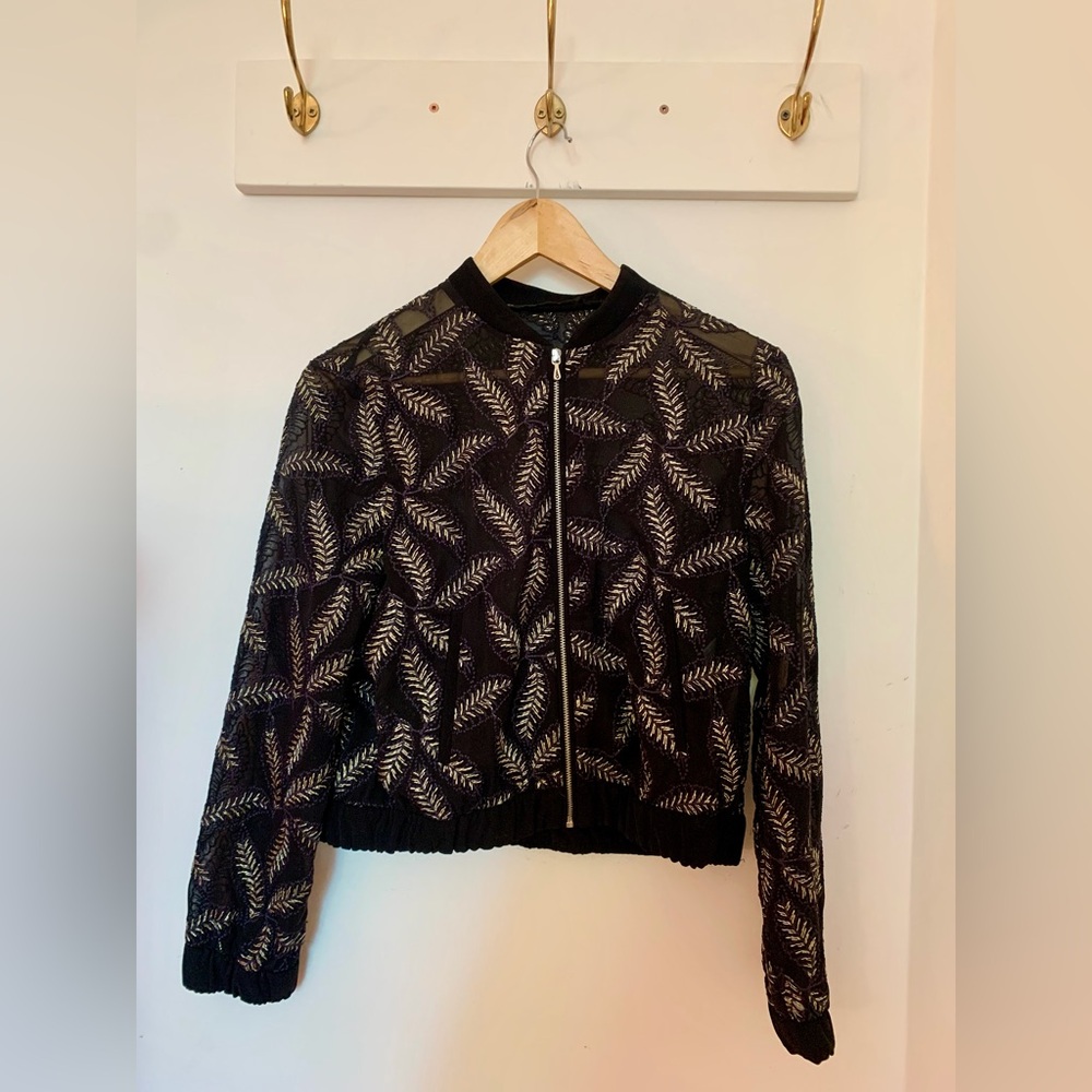 Zara Black Bomber Jacket with Silver Leaf Pattern
